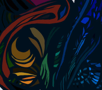 Abstract design with swirling patterns in vivid reds, oranges, greens, and blues on a dark background, evoking a dynamic, artistic mood.