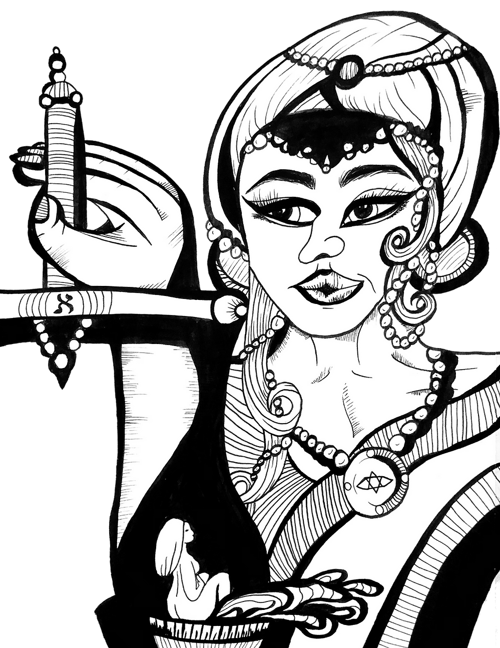 A figure holds a scale and looks to the left. The left side of the scale is not visibkle, and the right side contains a basket with a woman inside with water splashing out.