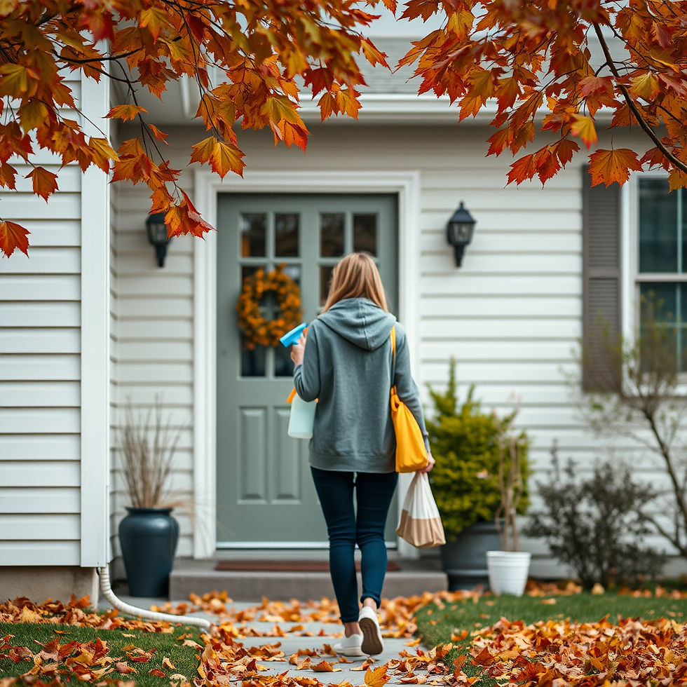 a women walking into a home with autumn leaves around while she is holding cleaning supplies