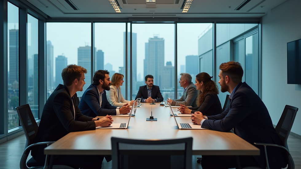 High angle view of a conference room with a team discussing AI project strategies