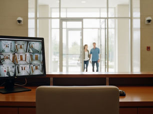 Monitor exibindo múltiplas imagens de câmeras com IA na recepção de um condomínio, com moradores ao fundo, representando gestão condominial orientada por dados.