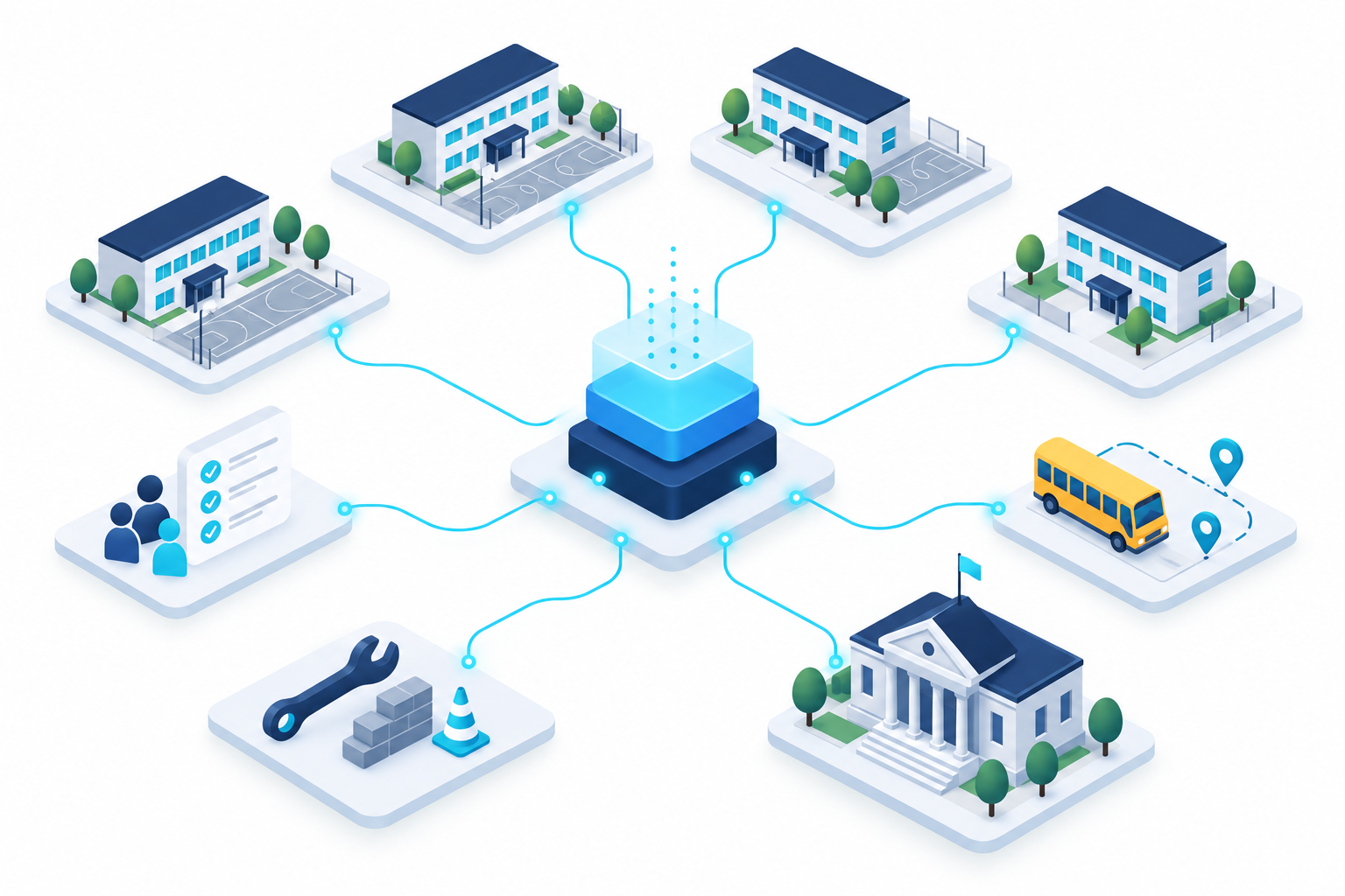 Fluxo que integra frequência, transporte, infraestrutura escolar e gestão da rede municipal