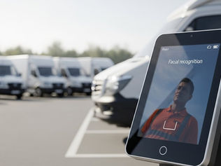 Ponto eletrônico por reconhecimento facial registrando jornada de motorista em pátio de frota logística, com veículos ao fundo