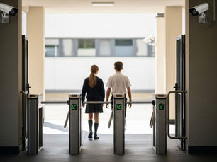 Entrada de escola com catracas de controle de acesso e duas câmeras de segurança instaladas na parte superior, representando os pilares estruturais de uma Escola Segura.