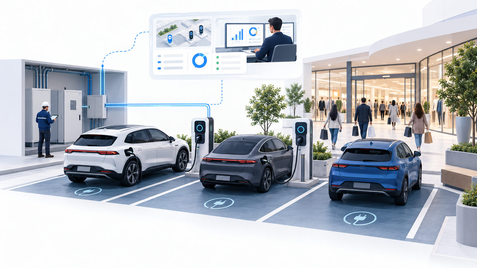 Fluxo do Avant Charge para instalação, recarga de clientes e gestão em shopping e varejo