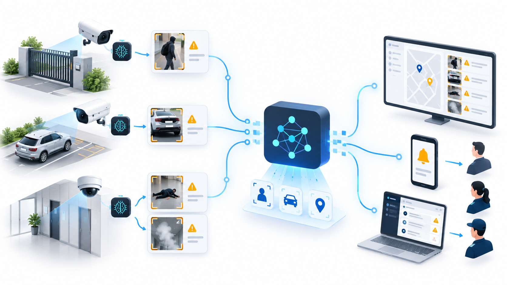Fluxo do GuardIA Percebe processando eventos na borda, correlacionando contexto e encaminhando alertas