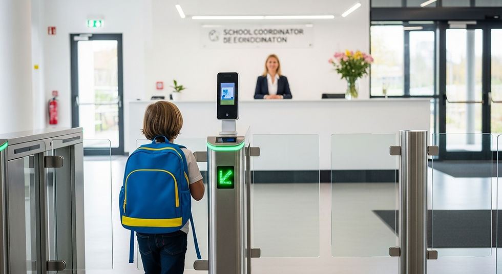 Criança entrando em escola por catraca com reconhecimento facial, representando controle de acesso como infraestrutura de gestão e organização da rotina escolar.