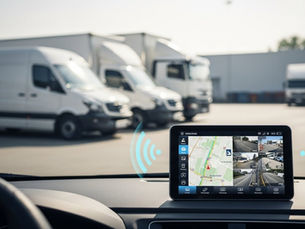 Sistema de rastreamento e DVR veicular exibindo mapa e câmeras em tempo real dentro de veículo de frota logística, com caminhões estacionados ao fundo