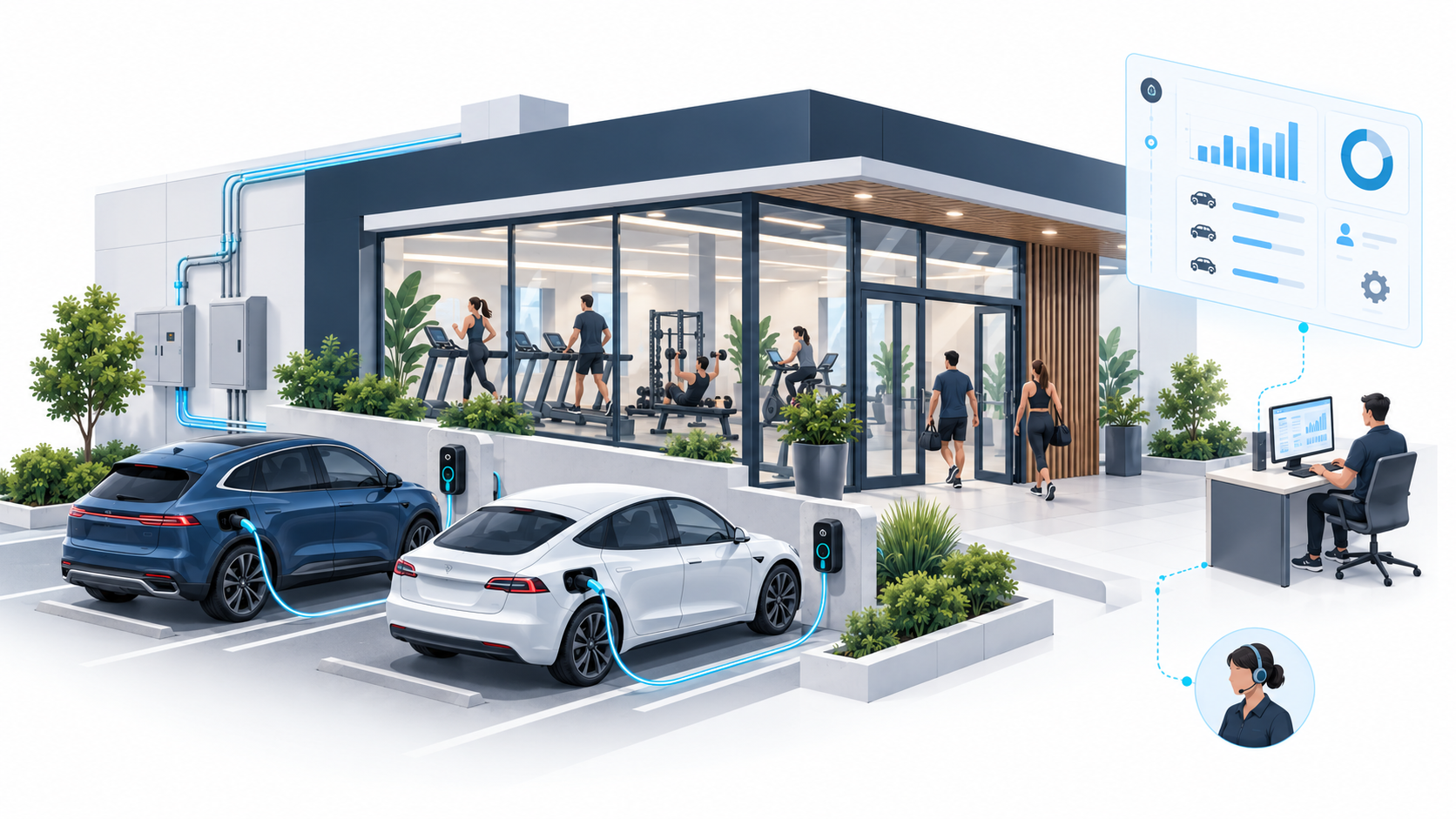 Fluxo do Avant Charge para instalação, recarga durante o treino e gestão em academia