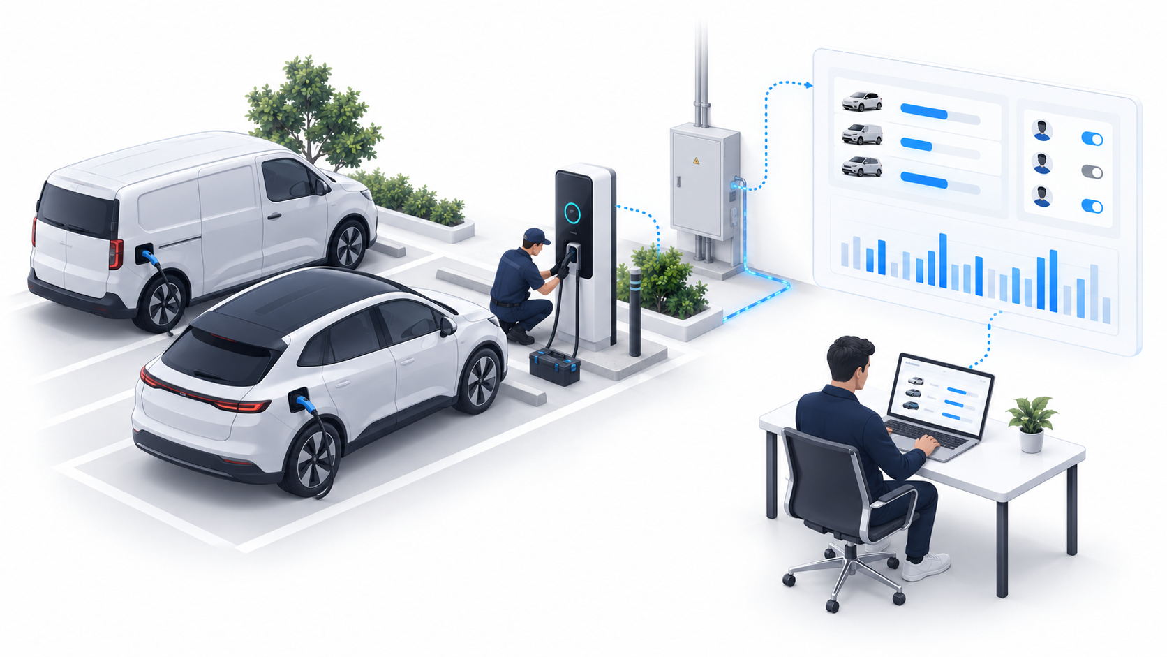 Fluxo do Avant Charge para instalação, recarga e gestão de uma frota corporativa