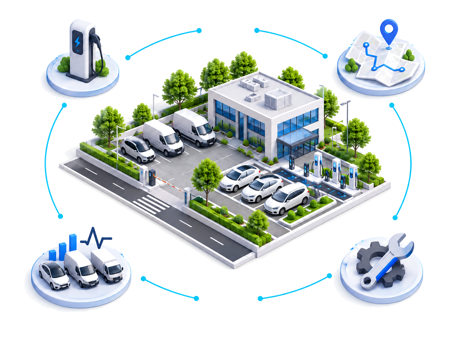 Hub de mobilidade conectado a recarga, rastreamento, disponibilidade e manutenção da frota.