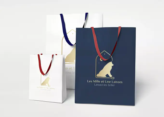 sacs packaging boite blanche bleu rouge avec ombre de chien finnois de laponie logo or doré mille et une nuit laisse pour chien de race exposition fait main graphisme grahiste vosges IDF seine et marne