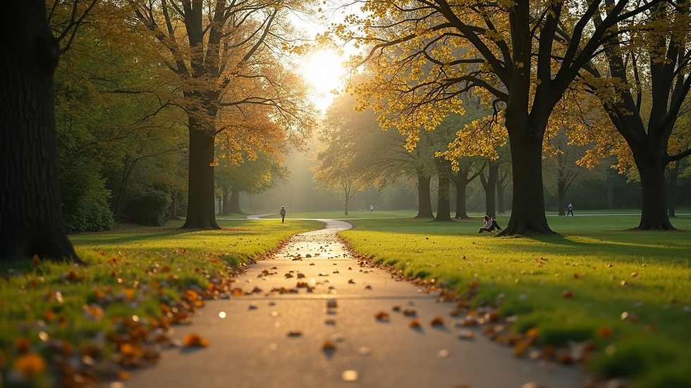 Eye-level view of a serene park with a walking path