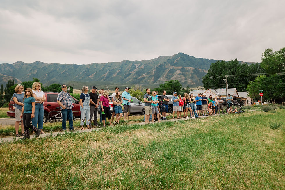 A group of people stand on a road shoulder by parked cars, with mountains and trees in the background. The mood is calm; a red stop sign is visible.