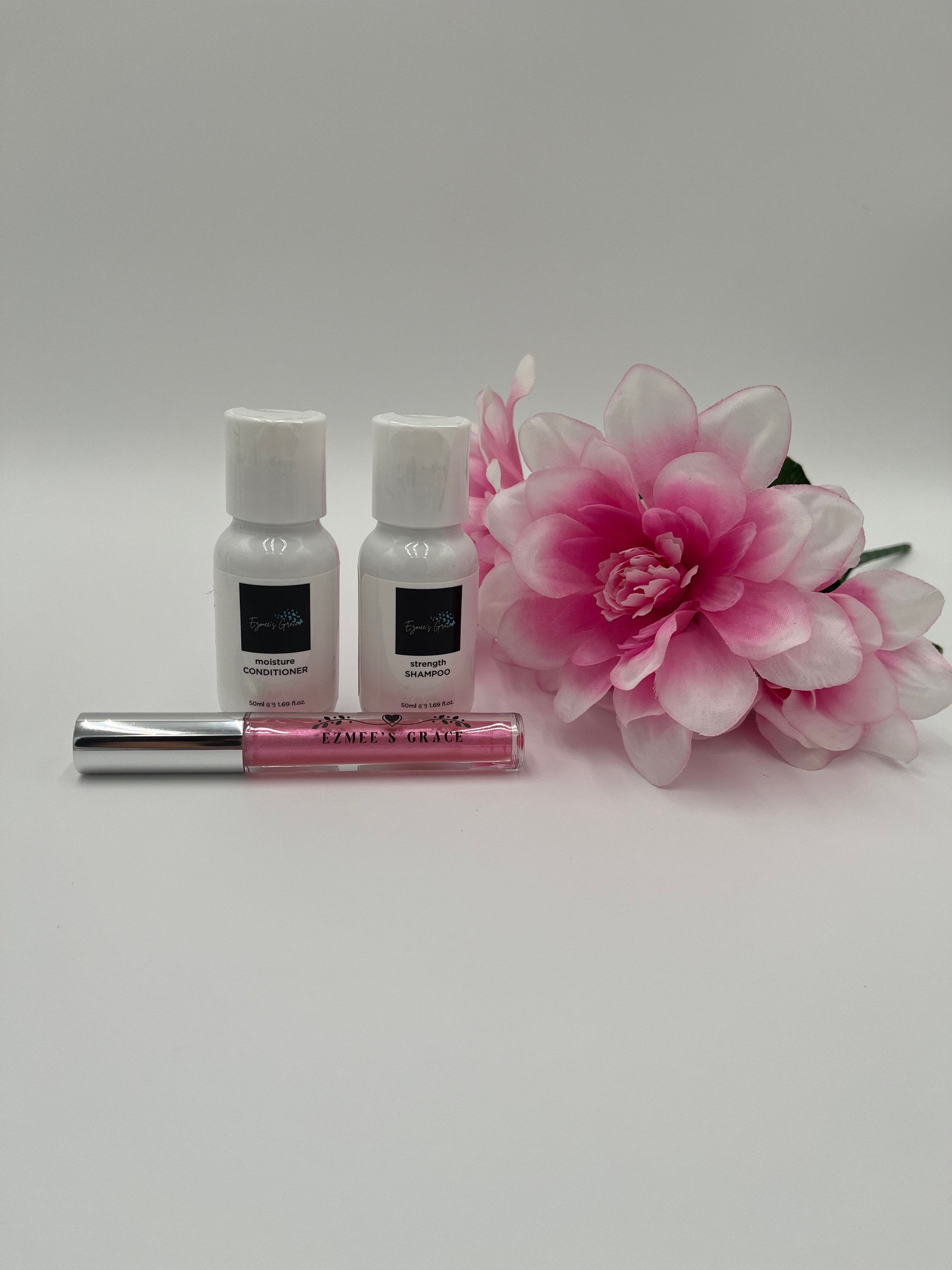 trial size shampoo/conditioner with pink #6 lip gloss