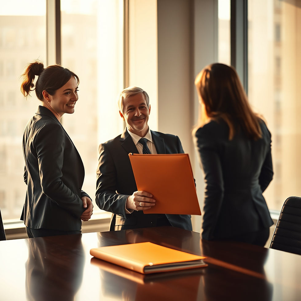 Editorial business photo, warm late-afternoon light. Corner of a modern boardroom table, t