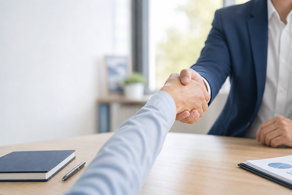 two people in business attire shaking hands across a desk in a bright office, symbolizing trust and partnership, landscape