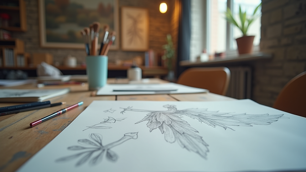 Eye-level view of a creative workspace with art supplies and sketches