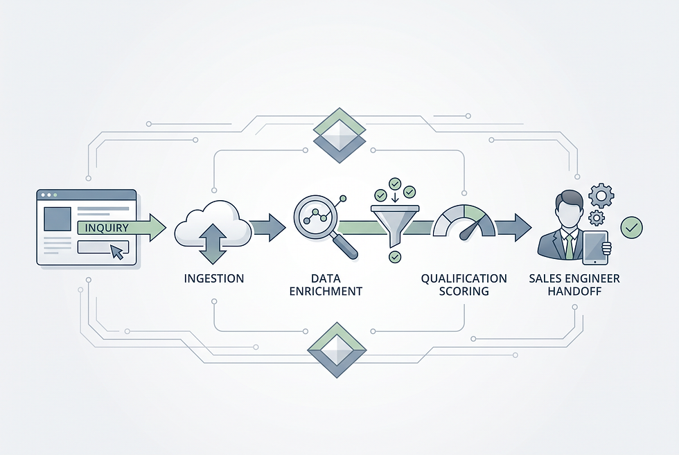 Diagram illustrating the multi-factor qualification and lead routing workflow for industrial manufacturing inquiries.