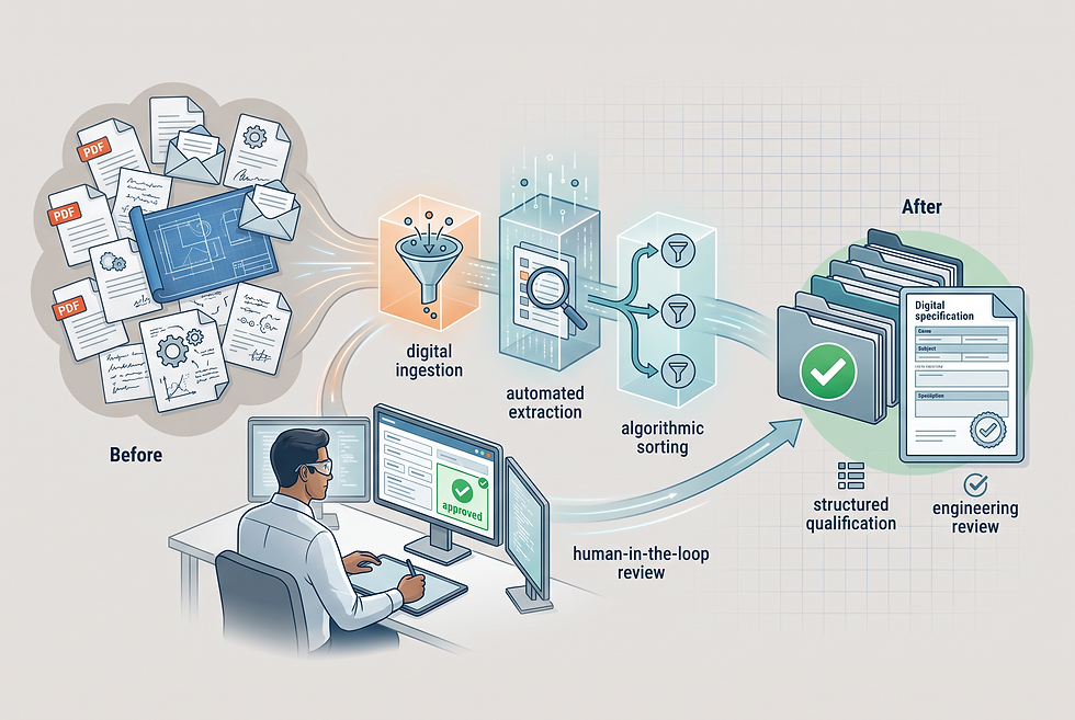 Structured workflow diagram illustrating the transition from raw technical RFQs to structured qualification and engineering review.