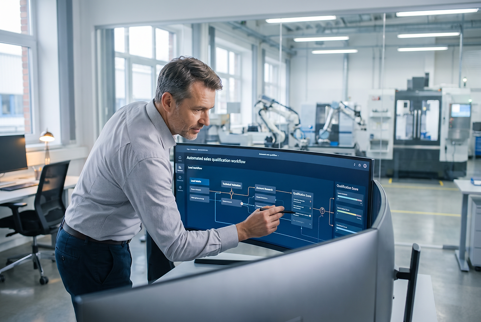 Industrial sales director evaluating automated account research and technical lead qualification workflows.