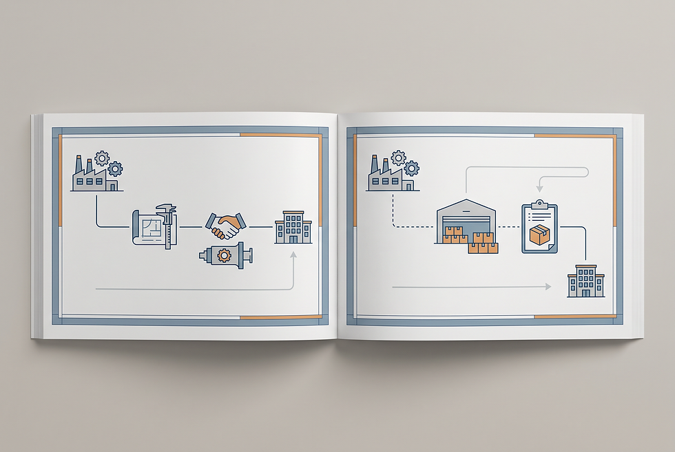 Illustration of an industrial distribution and direct technical sales workflow comparison.