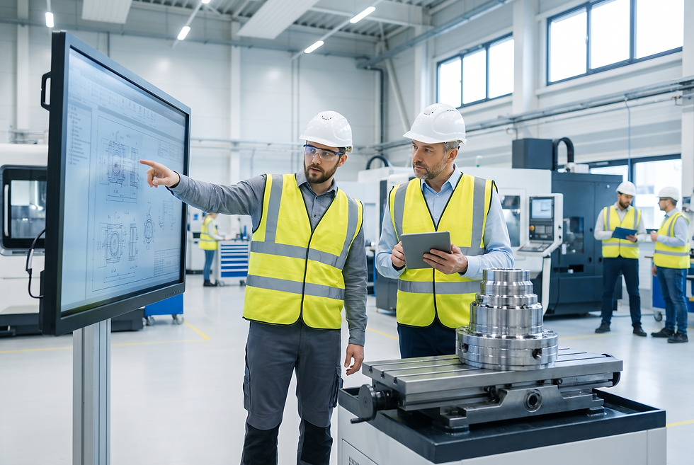 Manufacturing leadership team evaluating technical machinery specifications for target export compliance.