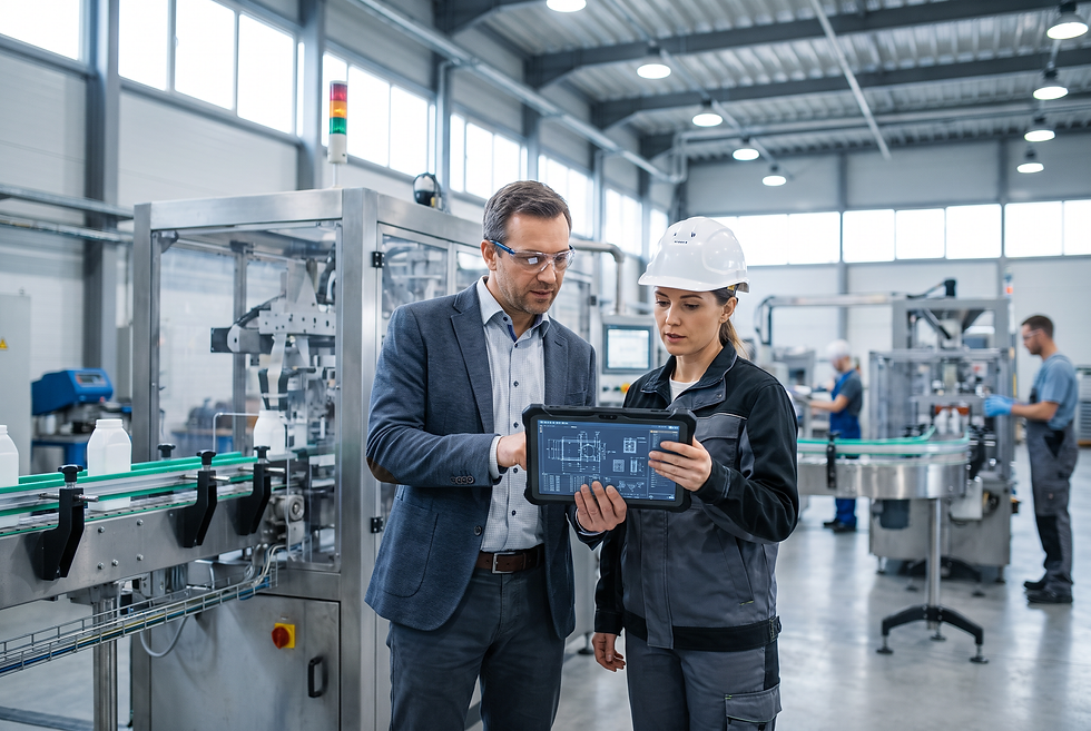 Application engineer and sales director reviewing packaging machinery project specifications in a manufacturing plant.