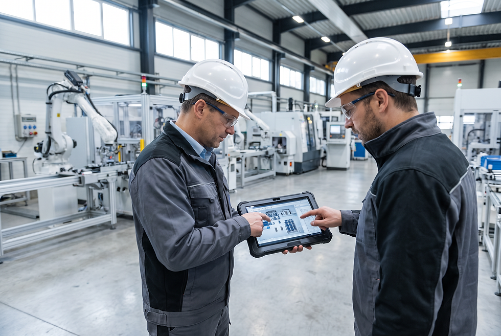Plant operations leadership and technical engineering team reviewing automation machinery specifications on a factory floor.