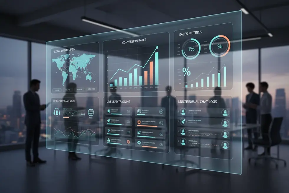 Interface of an AI CRM for exporters displaying international buyer interactions.