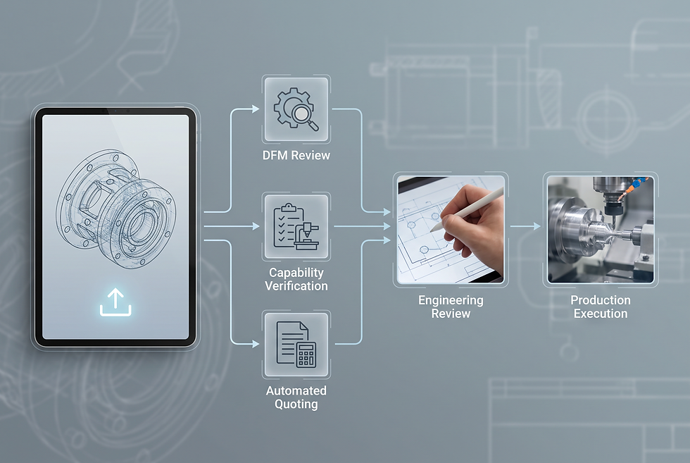 Manufacturing RFQ workflow diagram showing engineering CAD upload, DFM review, capability verification, and quoting triage.