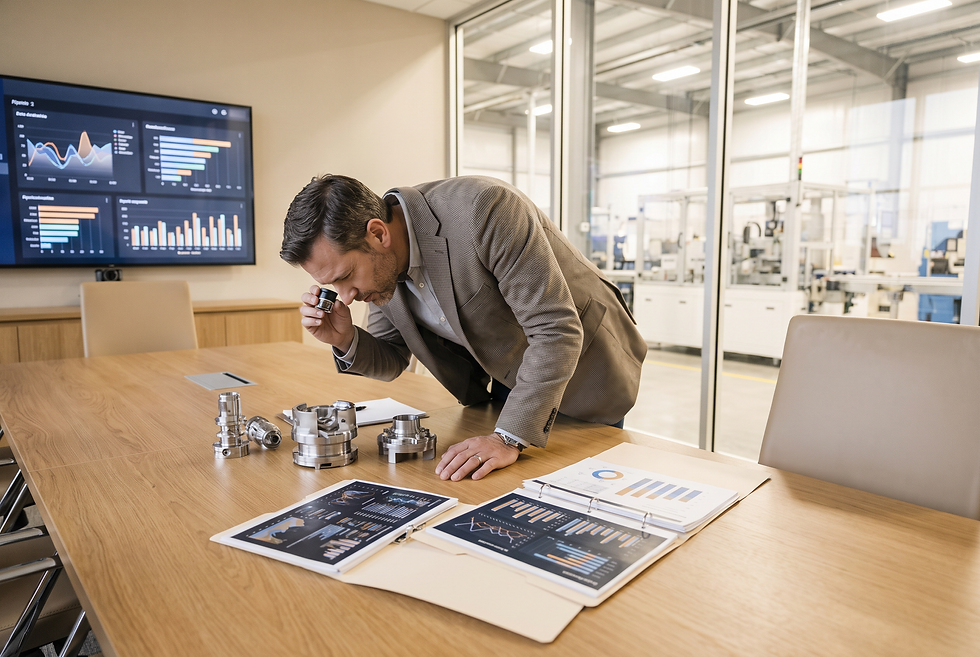 Commercial sales director reviewing precision manufacturing components and technical account data.