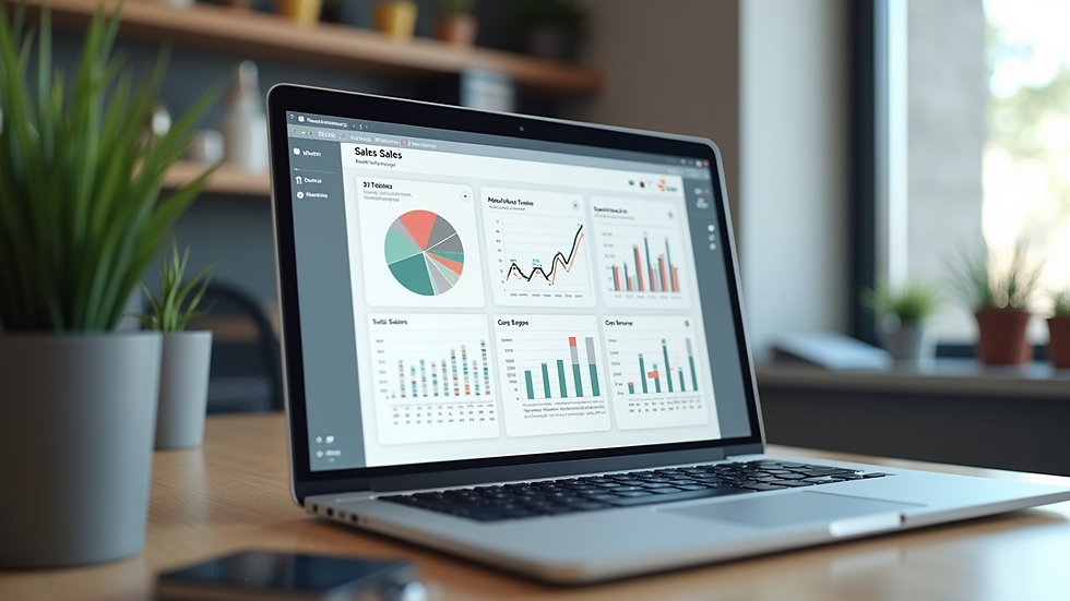 Eye-level view of a modern office desk with a laptop displaying sales analytics