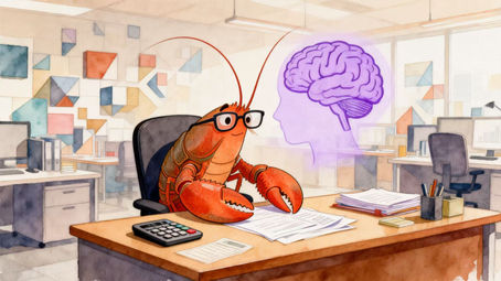 A conceptual illustration for Profit-Driven AI Digital Employees vs OpenClaw showing an AI "lobster" agent working at a professional office desk with a digital brain overlay.