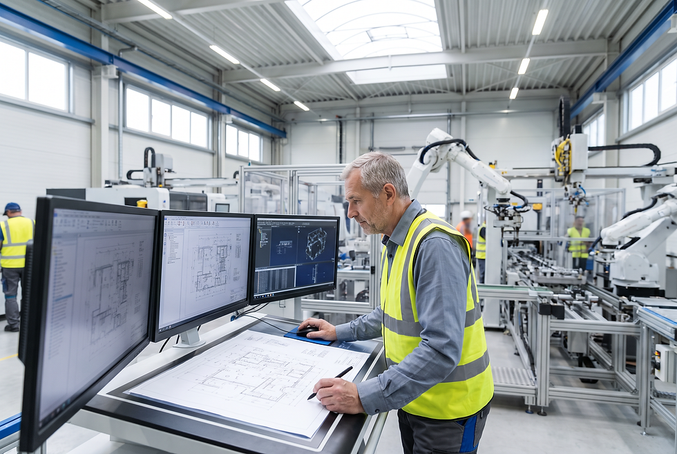 Industrial plant director reviewing equipment specifications and manufacturing layout requirements during procurement qualification.