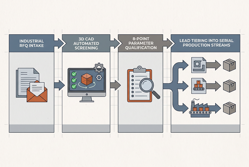 Technical workflow diagram illustrating additive manufacturing prototype lead qualification and serial production triage.