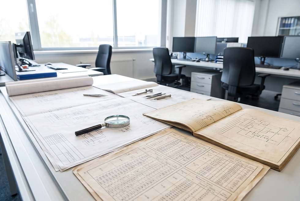 Engineering workbench with technical documentation and component specifications illustrating structured compatibility evaluation.
