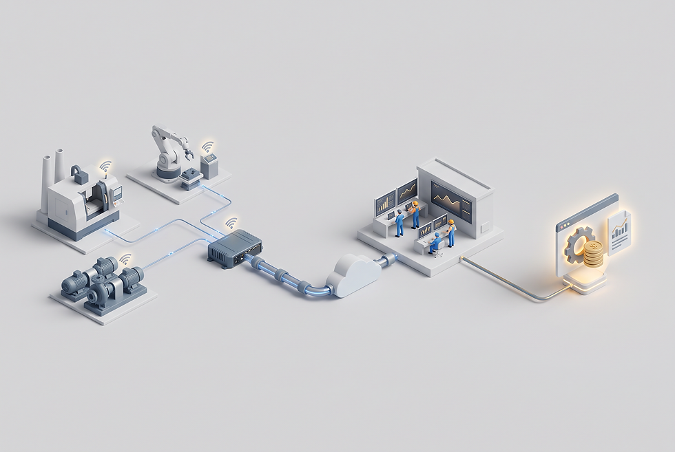 Diagram showing the data flow and operational steps of an industrial equipment-as-a-service contracting model.