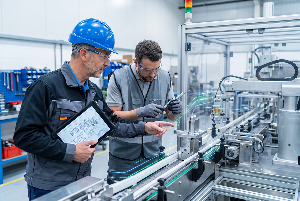Engineering team conducting an on-site equipment inspection during an industrial sales commissioning process.