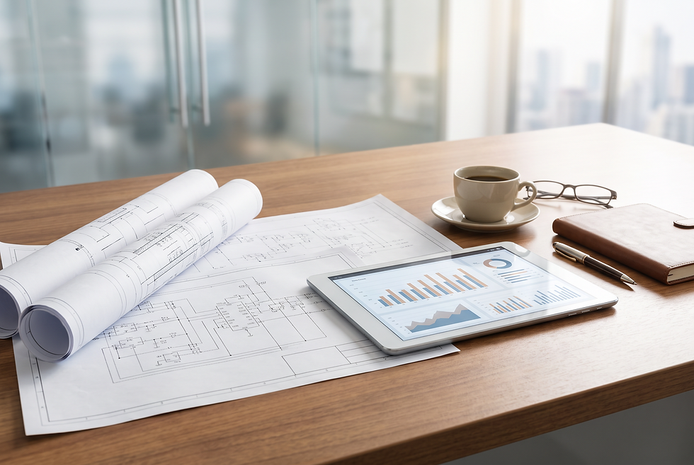 B2B commercial meeting setup with technical specifications and proposal review documentation