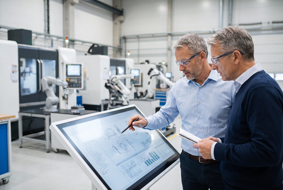 Manufacturing commercial directors reviewing technical specifications and export market requirements in a production environment.