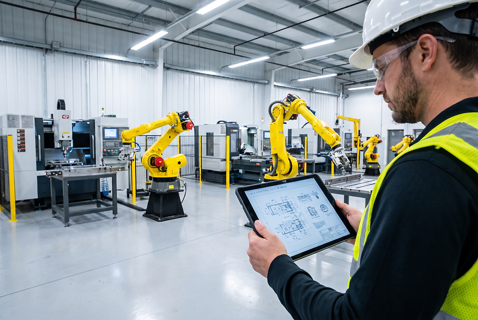 Industrial engineer using a digital tablet inside a modern automated manufacturing plant.