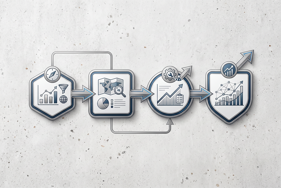 Four-stage framework diagram for testing international export markets using data-driven territory validation.