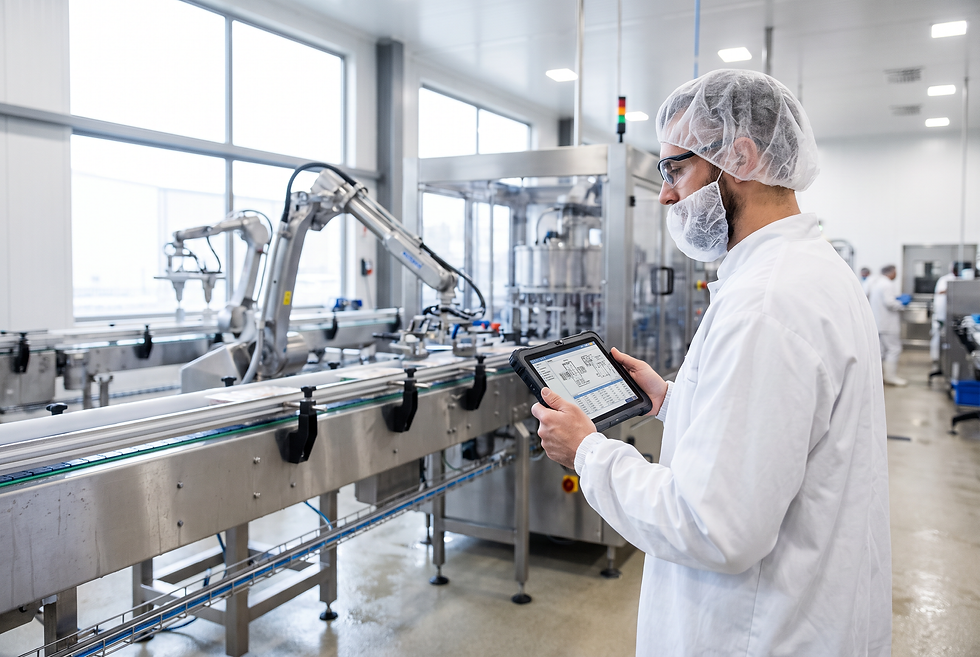 Plant engineer reviewing machinery specifications next to an industrial food packaging line.