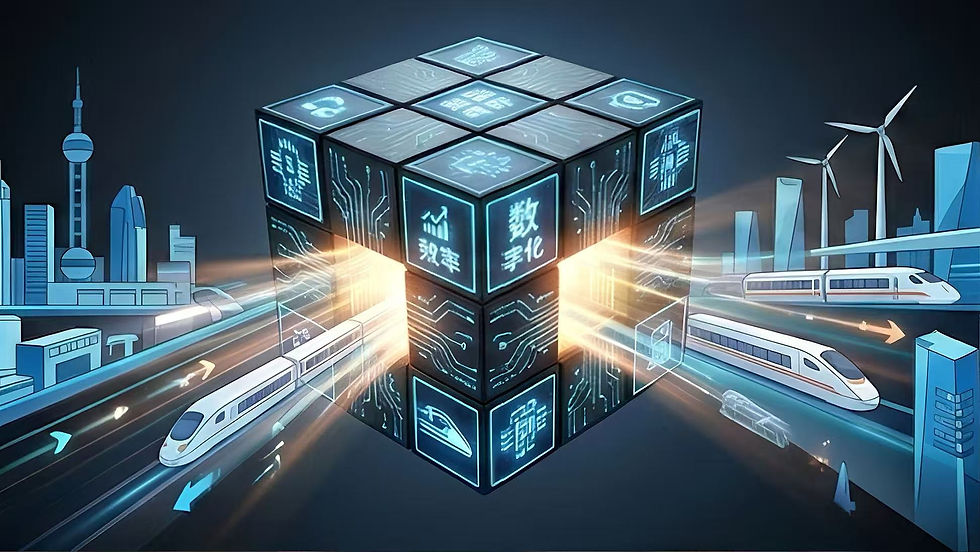 Futuristic glowing digital cube with technology icons floating amidst a modern cityscape, high-speed trains, and wind turbines, representing digital transformation.