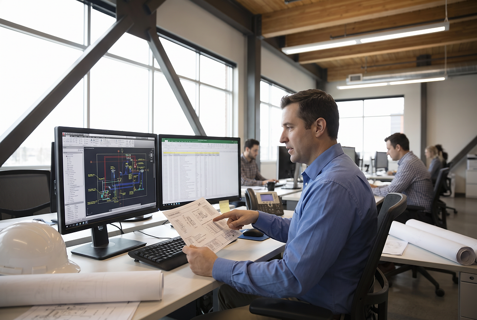 HVAC sales engineer reviewing technical submittals and equipment specifications in a commercial office.