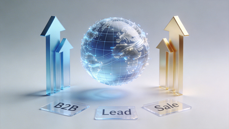 Digital 3D globe with rising blue and gold growth arrows and tiles labeled B2B, Lead, and Sale, illustrating how to turn cold B2B digital leads into million-dollar sales.