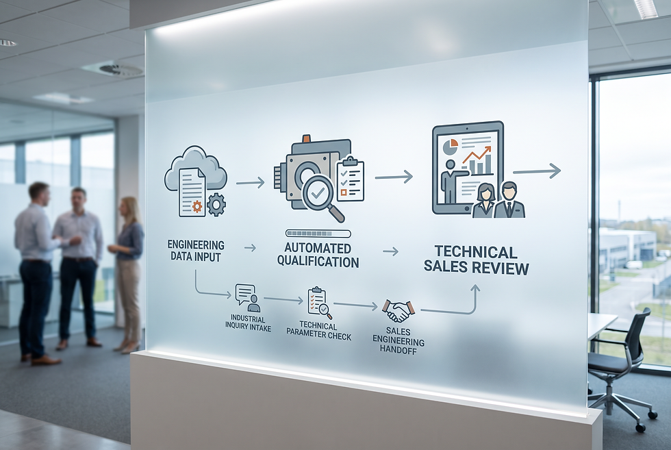 Workflow diagram showing industrial inquiry intake, technical parameter qualification, and sales engineering handoff.