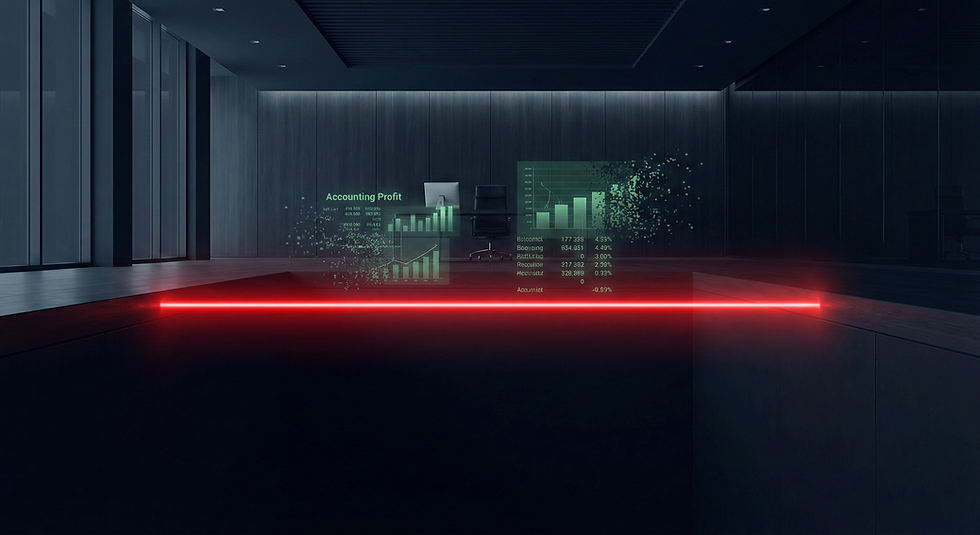 A dark, modern conference room with a red horizontal light across the table and faint green data charts on the back wall.