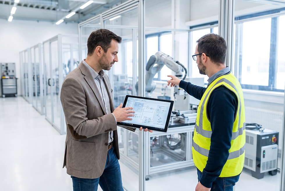Channel sales director and robotics engineer reviewing technical integration specifications and partner qualifications.